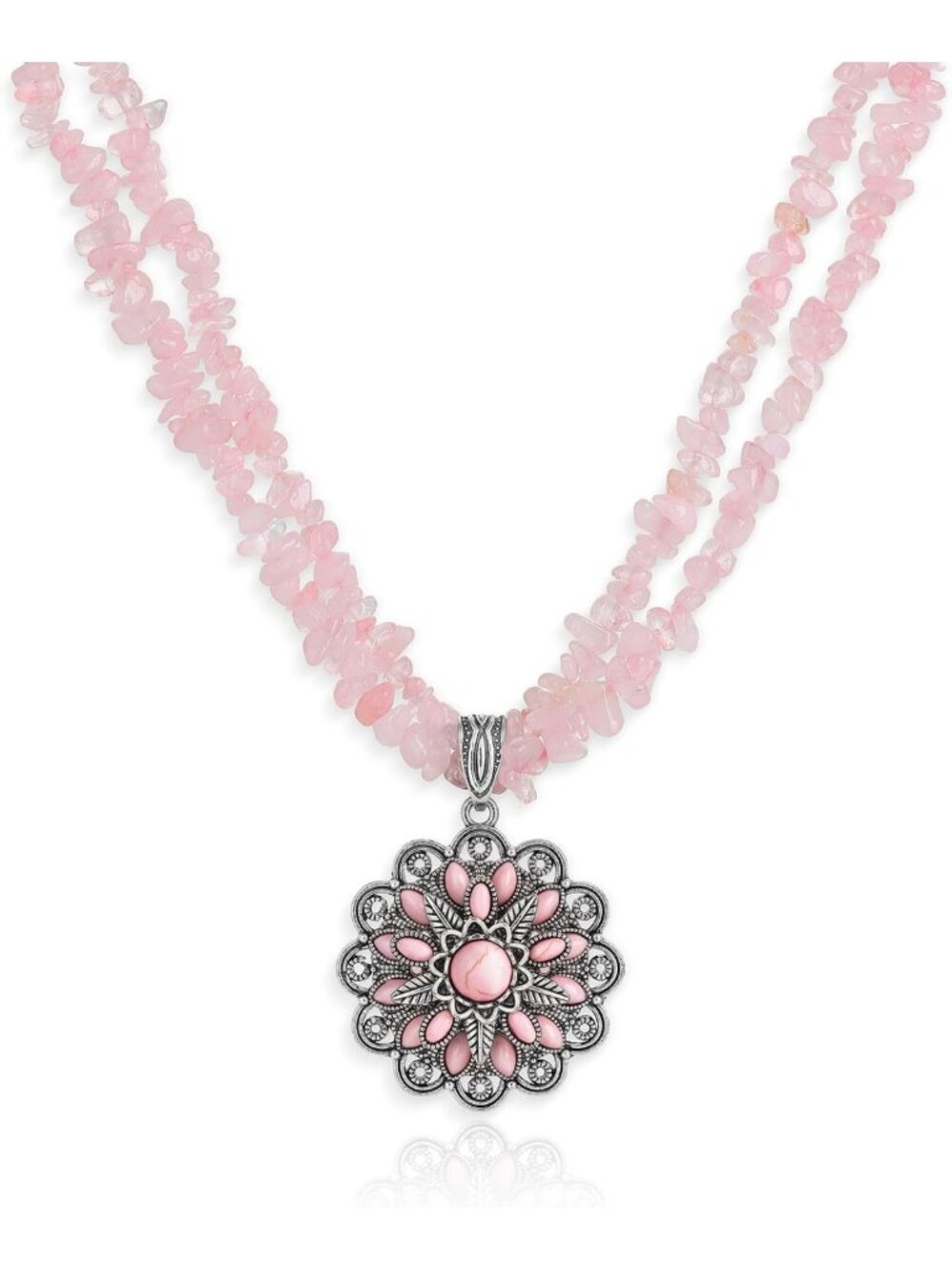 Floral Turquoise Pendant Layered Necklace with Chip Beads for Women - Boho Style